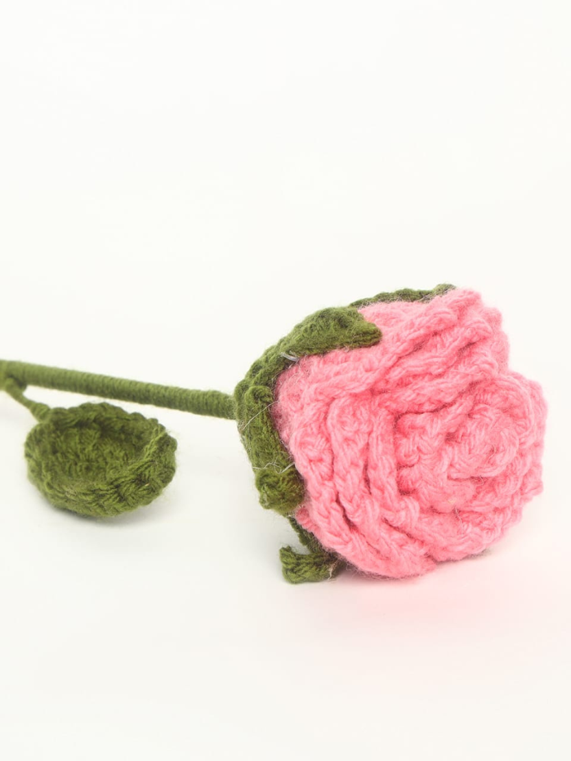 Sthula's Handcrafted Handmade Pink Wool Rose Flower with Stem