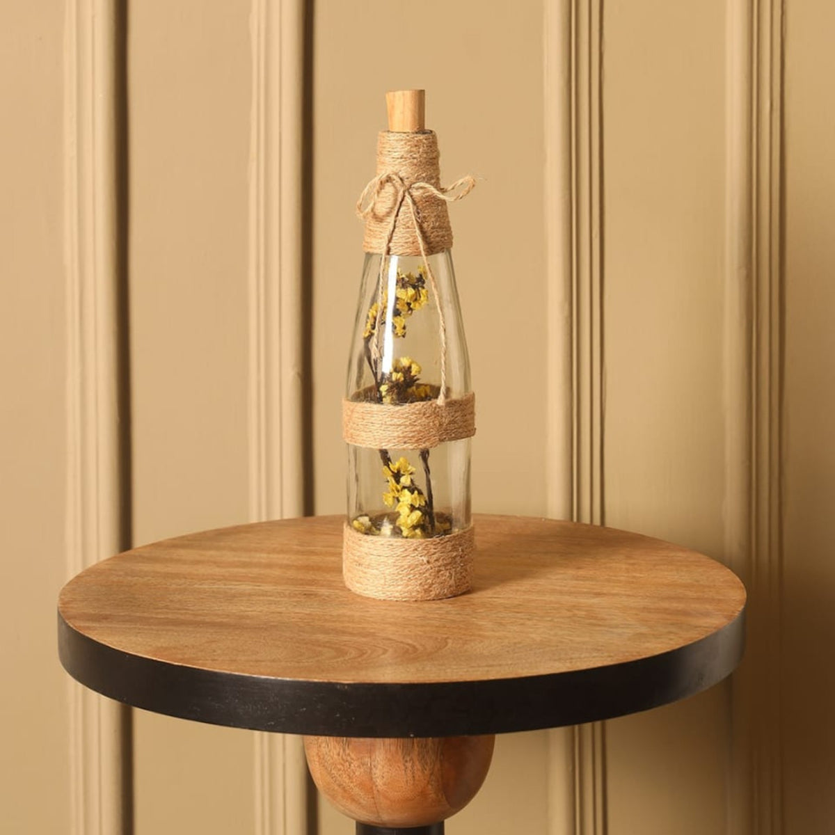 Sthula's Decorative Glass Bottle with Dried Flowers – Rustic Jute Rope Table Décor