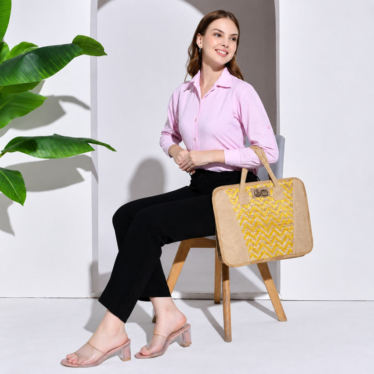 Sthula's Yellow & Beige Handwoven Jute Laptop Tote Bag