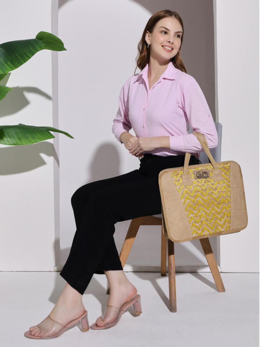 Sthula's Handcrafted Yellow Jute Laptop Bag