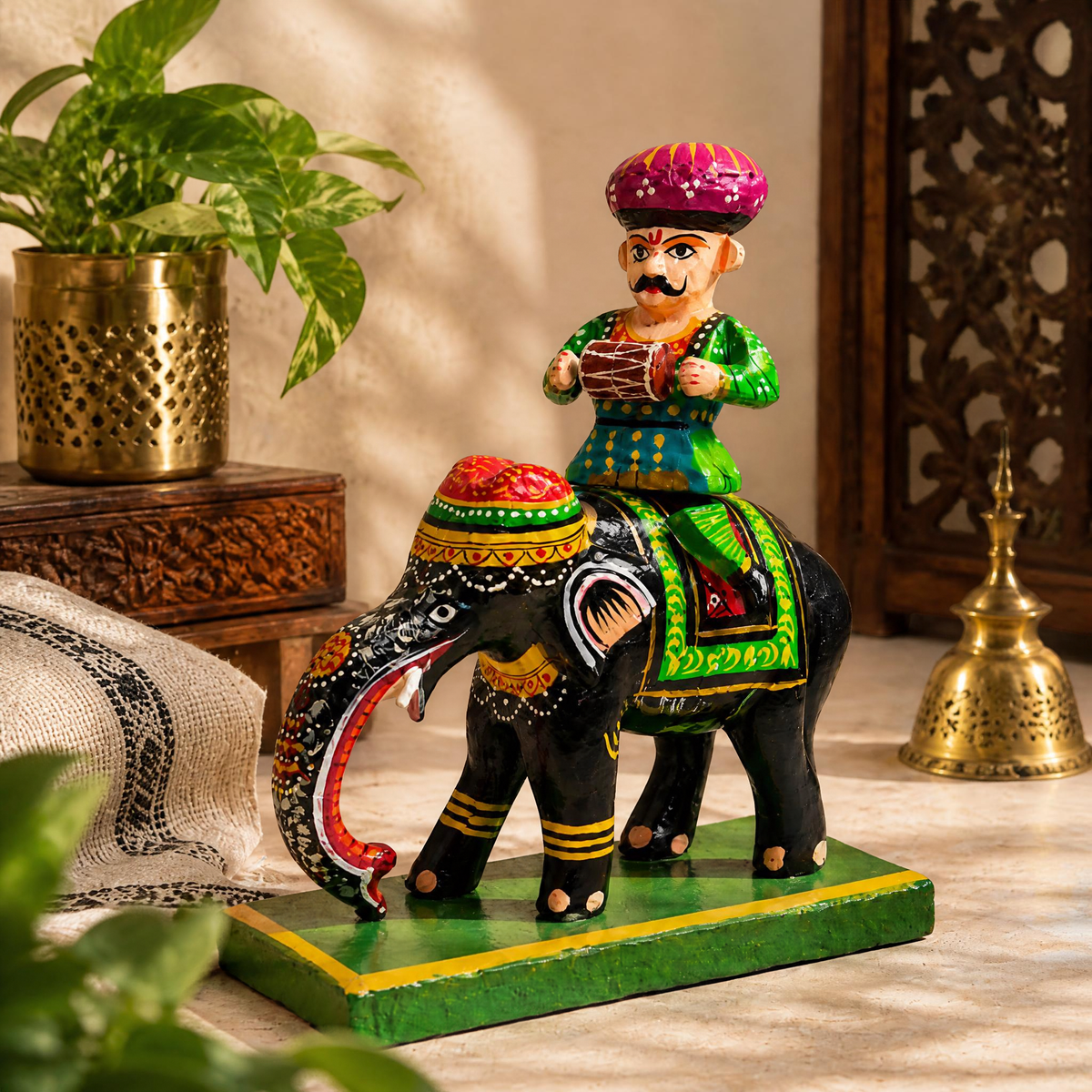 Sthula's Multicolor Wooden Elephant Rider Decorative Showpiece