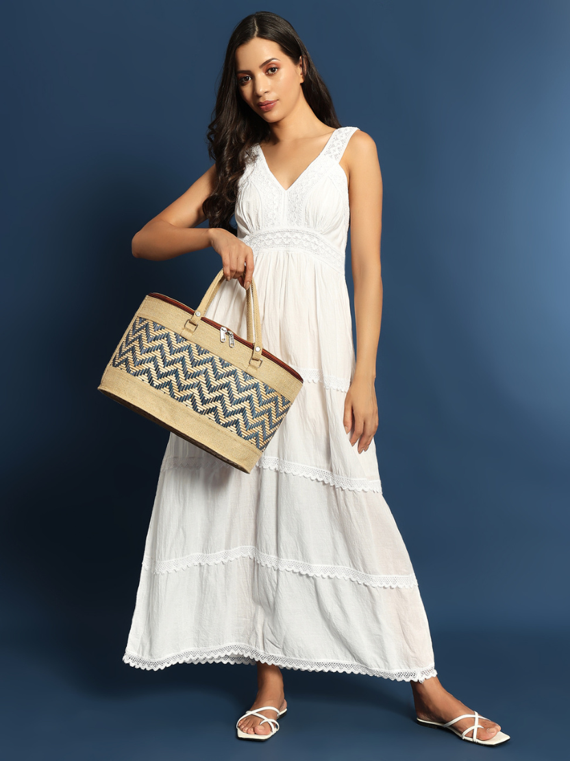 Sthula's Handcrafted Jute Handbag with Geometric Pattern