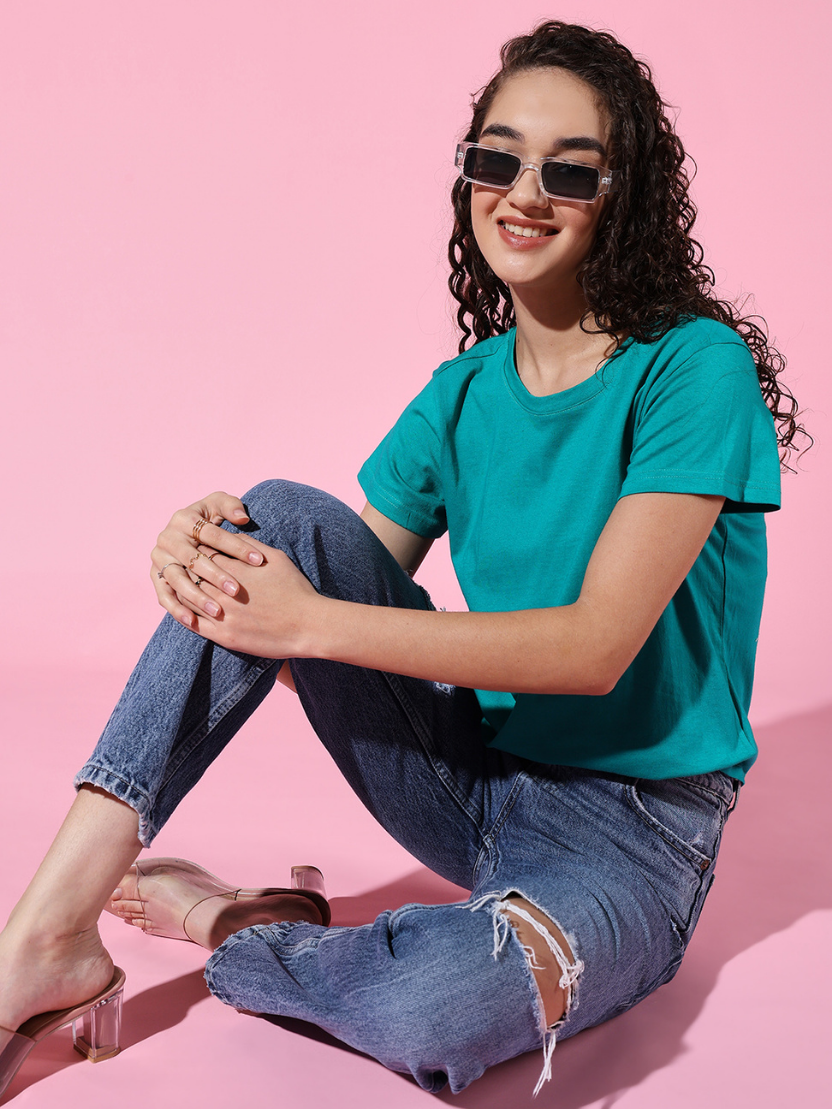 Sthula's Women Teal Green Cotton T-Shirt