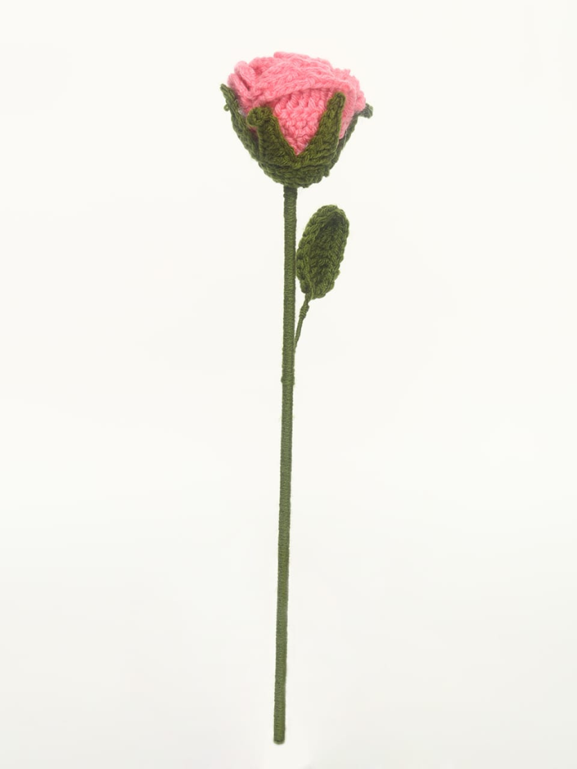 Sthula's Handcrafted Handmade Pink Wool Rose Flower with Stem