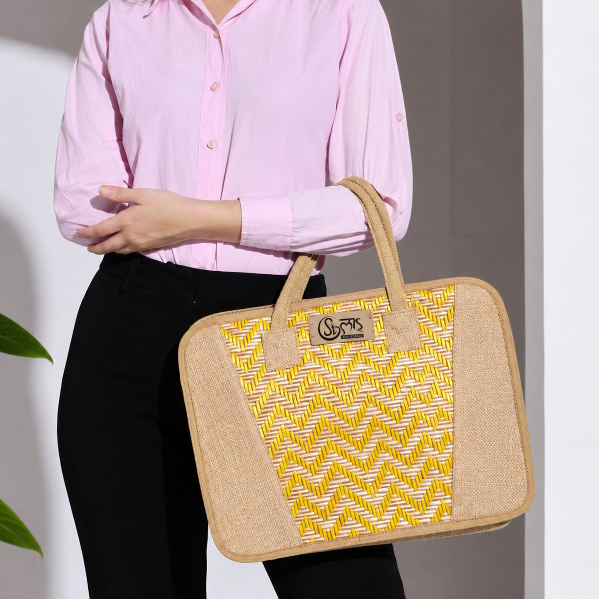 Sthula's Yellow & Beige Handwoven Jute Laptop Tote Bag
