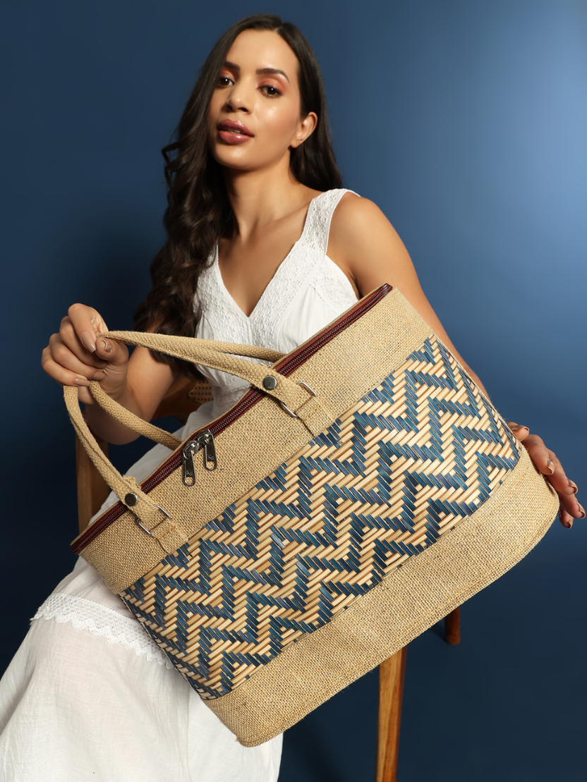 Sthula's Handcrafted Jute Handbag with Geometric Pattern