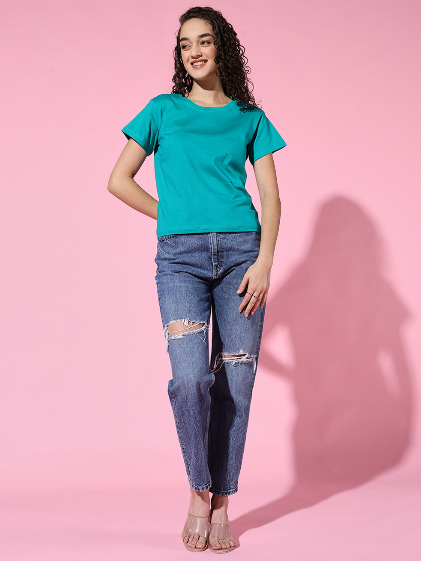 Sthula's Women Teal Green Cotton T-Shirt