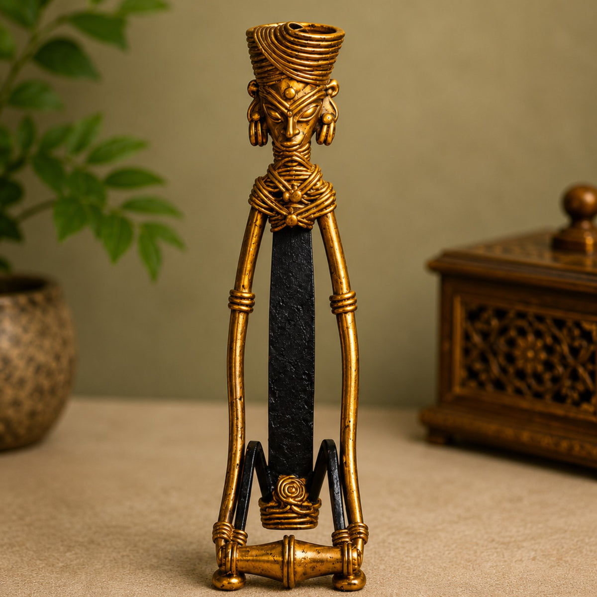 Sthula's Antique Tribal Candle Holder – Gold & Black Decorative Candle Stand