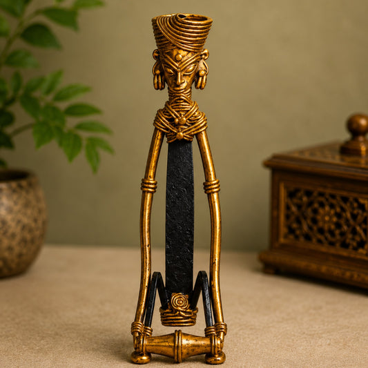Sthula's Antique Tribal Candle Holder – Gold & Black Decorative Candle Stand