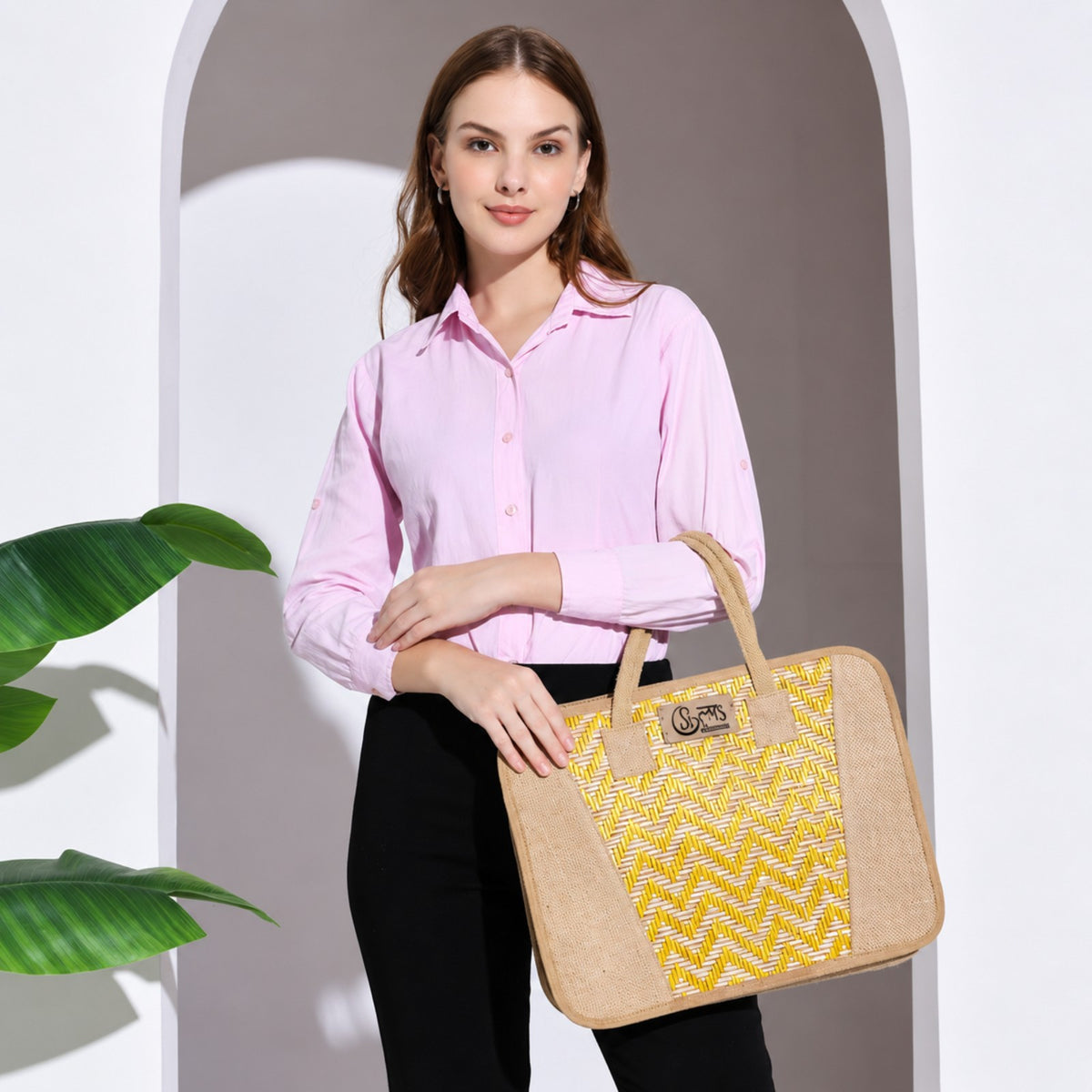 Sthula's Yellow & Beige Handwoven Jute Laptop Tote Bag