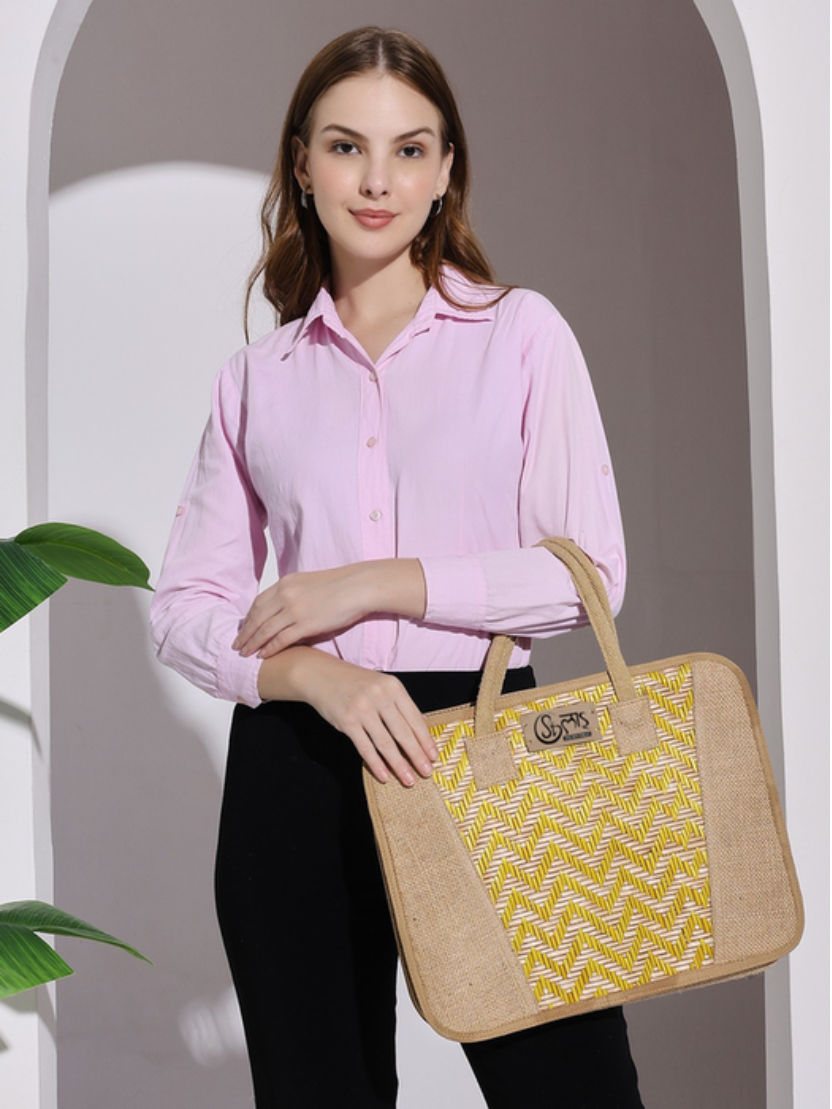 Sthula's Handcrafted Yellow Jute Laptop Bag