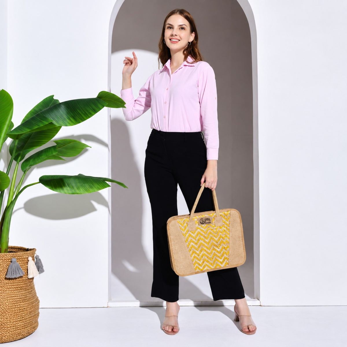 Sthula's Yellow & Beige Handwoven Jute Laptop Tote Bag