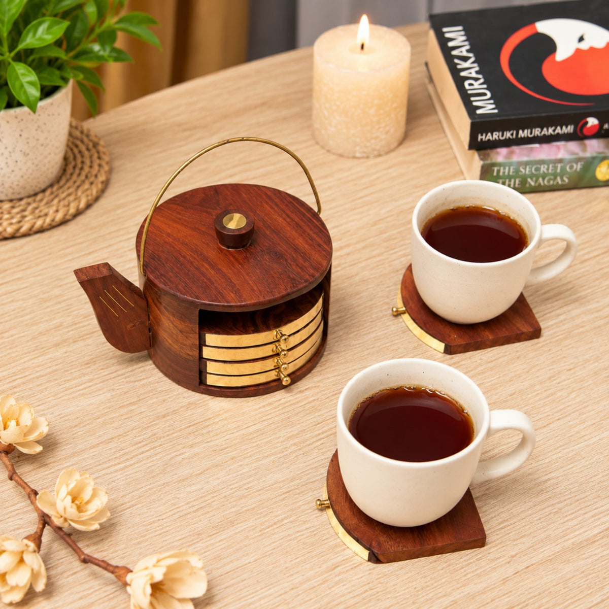 Sthula's Handmade Wooden Brown Decorative Teapot Organizer