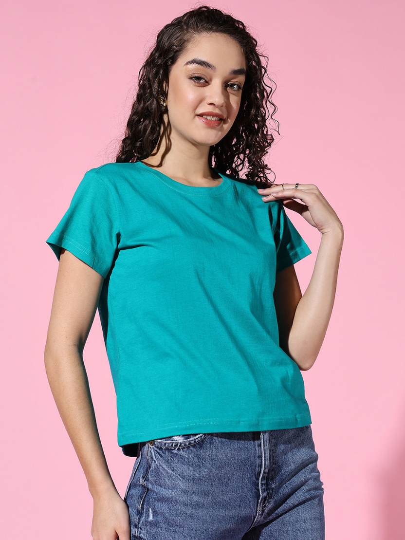 Sthula's Women Teal Green Cotton T-Shirt