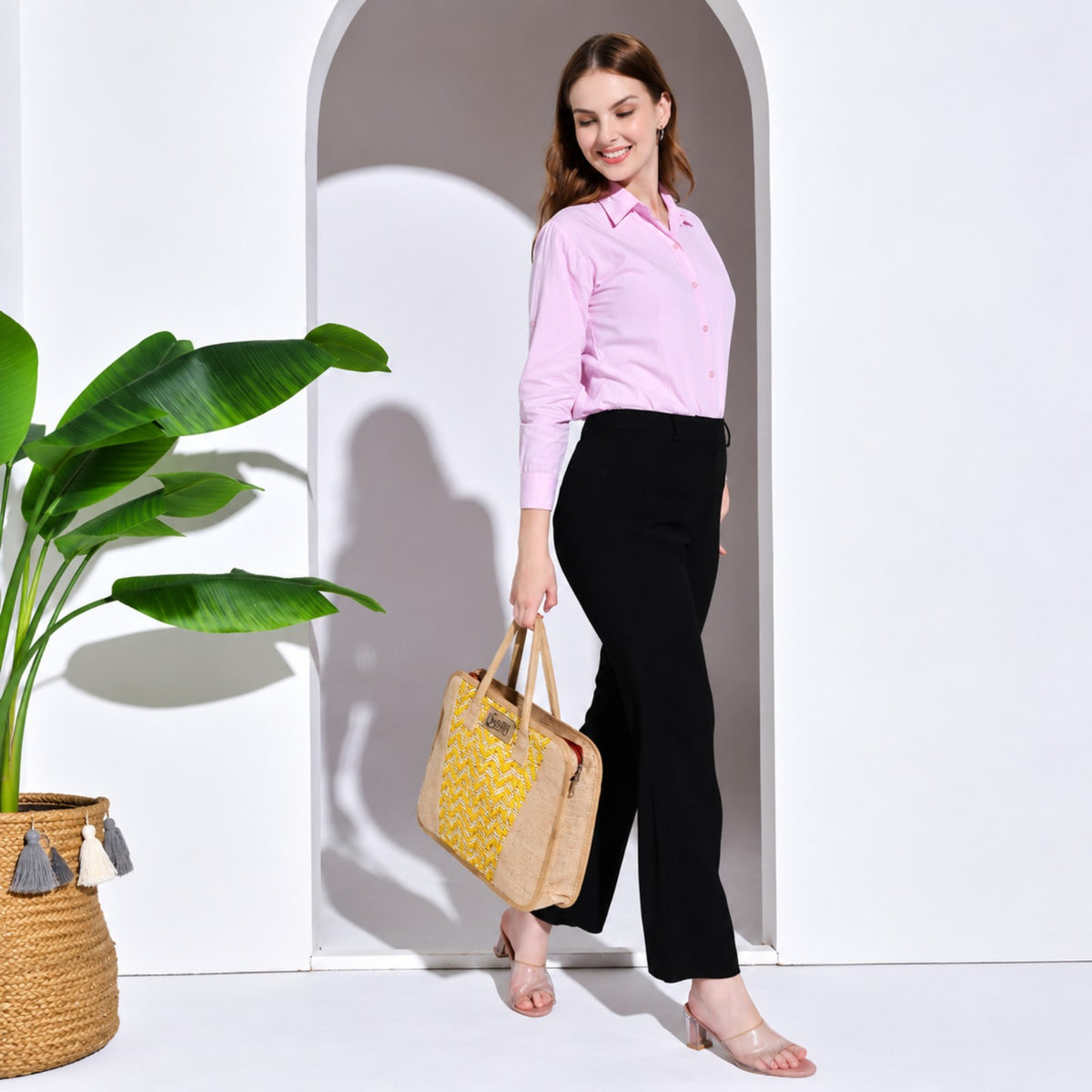 Sthula's Yellow & Beige Handwoven Jute Laptop Tote Bag