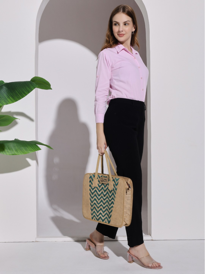 Sthula's Handcrafted Green Jute Laptop Bag
