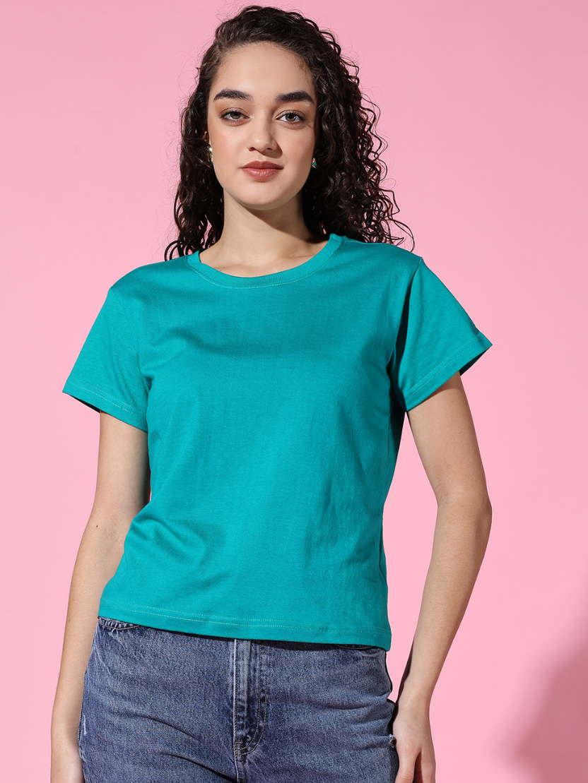 Sthula's Women Teal Green Cotton T-Shirt
