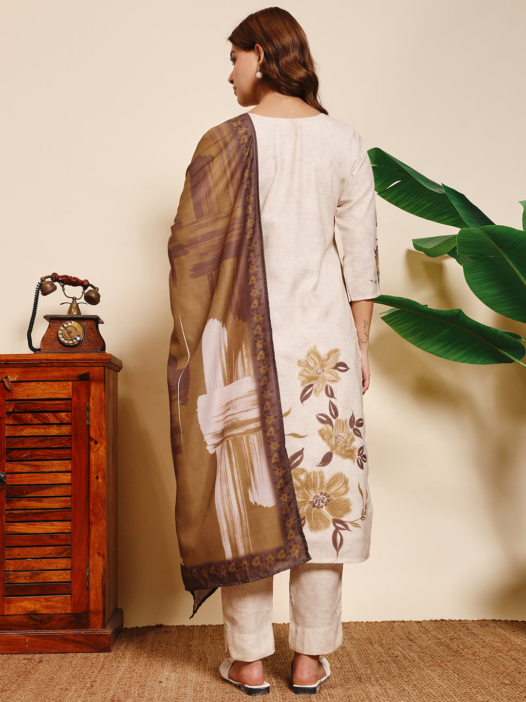 Sthula's Women’s Beige Floral Kurta Set with Brown Dupatta