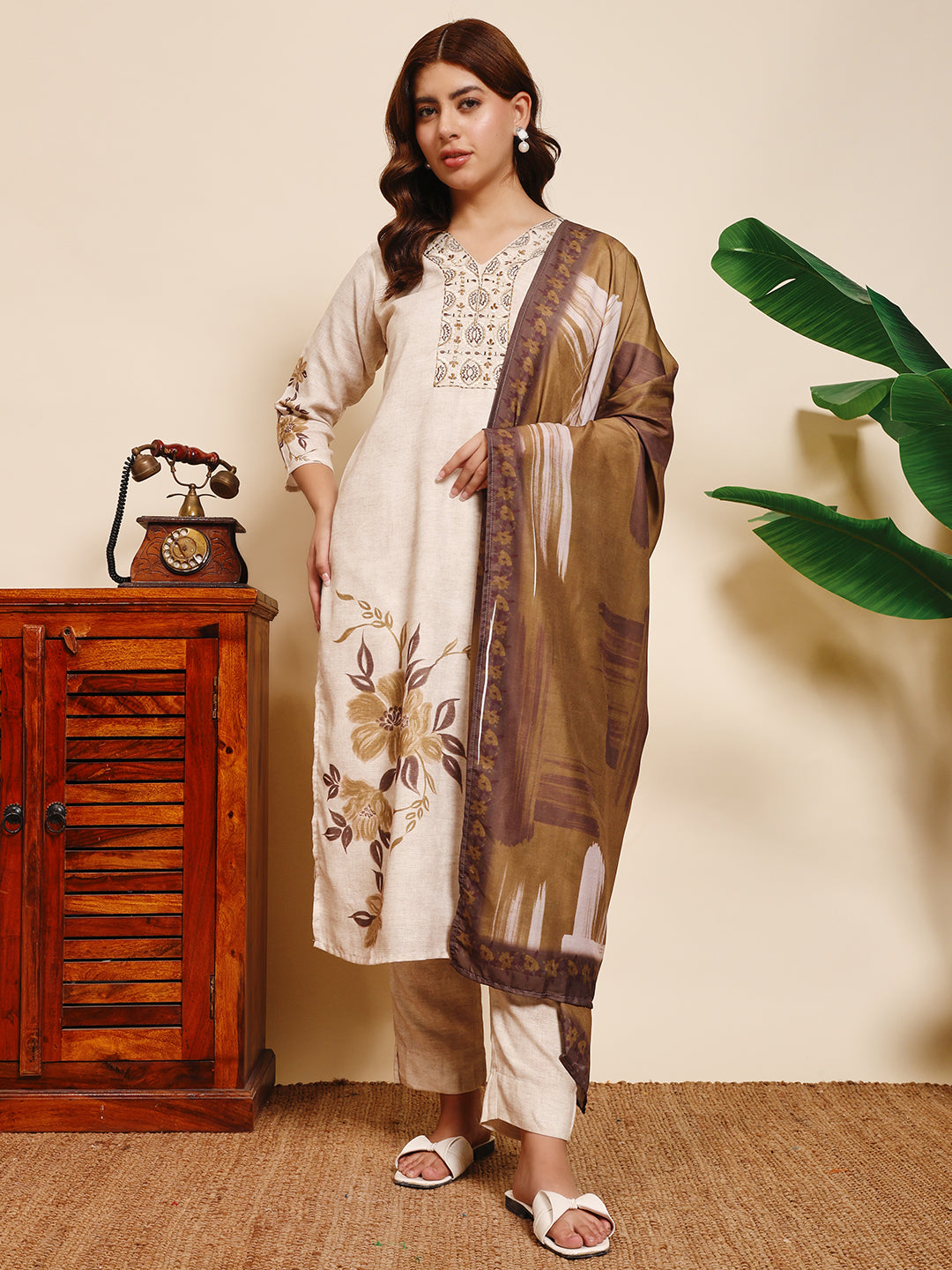 Sthula's Women’s Beige Floral Kurta Set with Brown Dupatta
