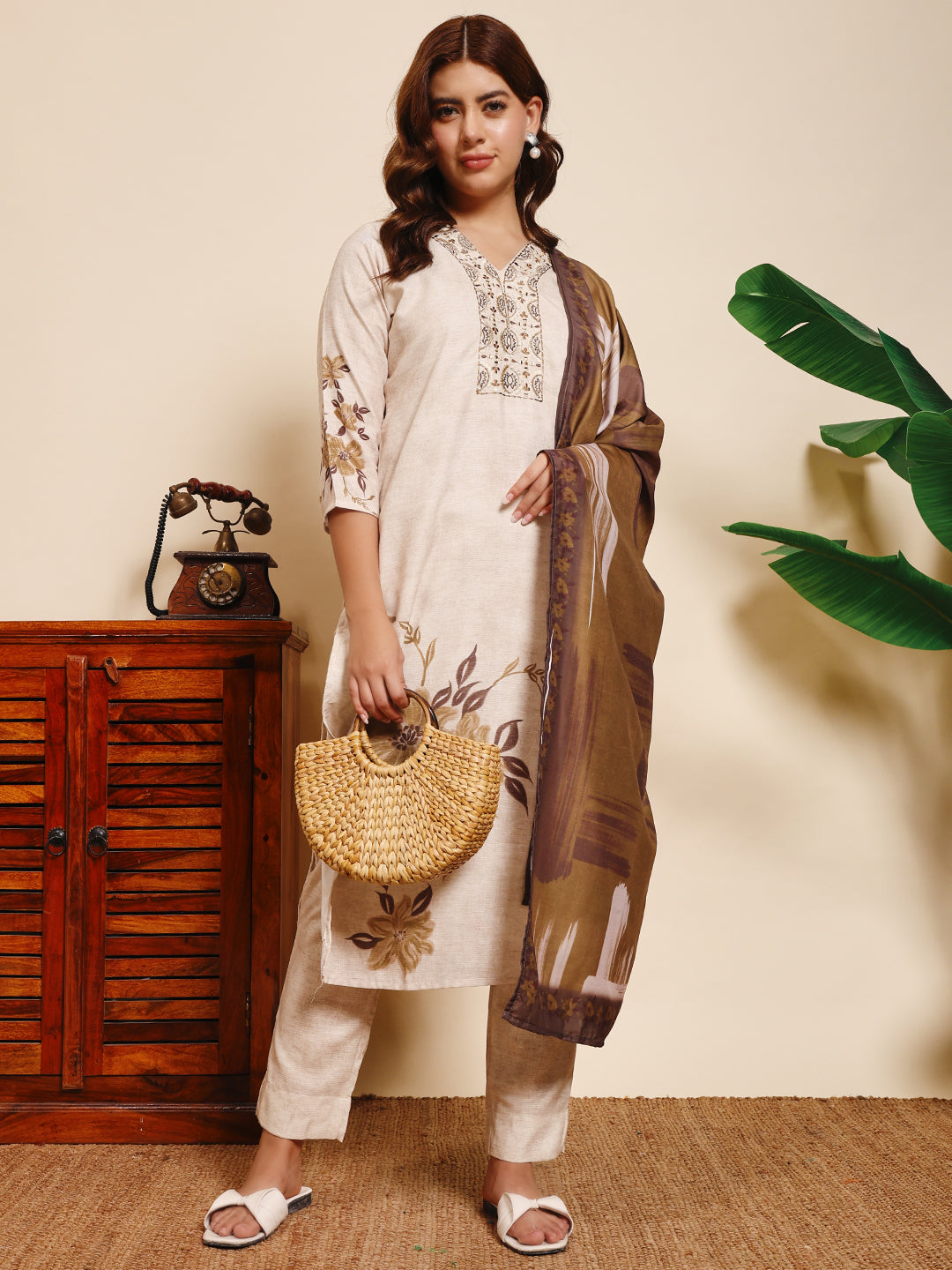 Sthula's Women’s Beige Floral Kurta Set with Brown Dupatta