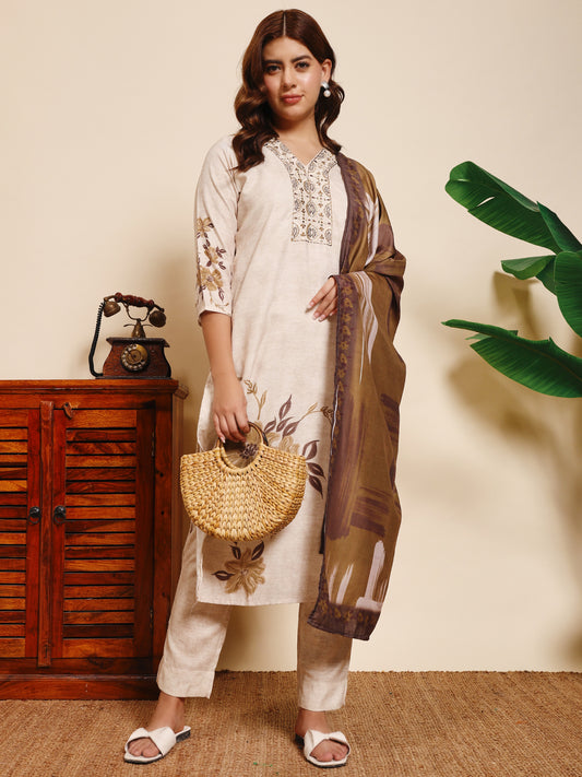 Sthula's Women’s Beige Floral Kurta Set with Brown Dupatta
