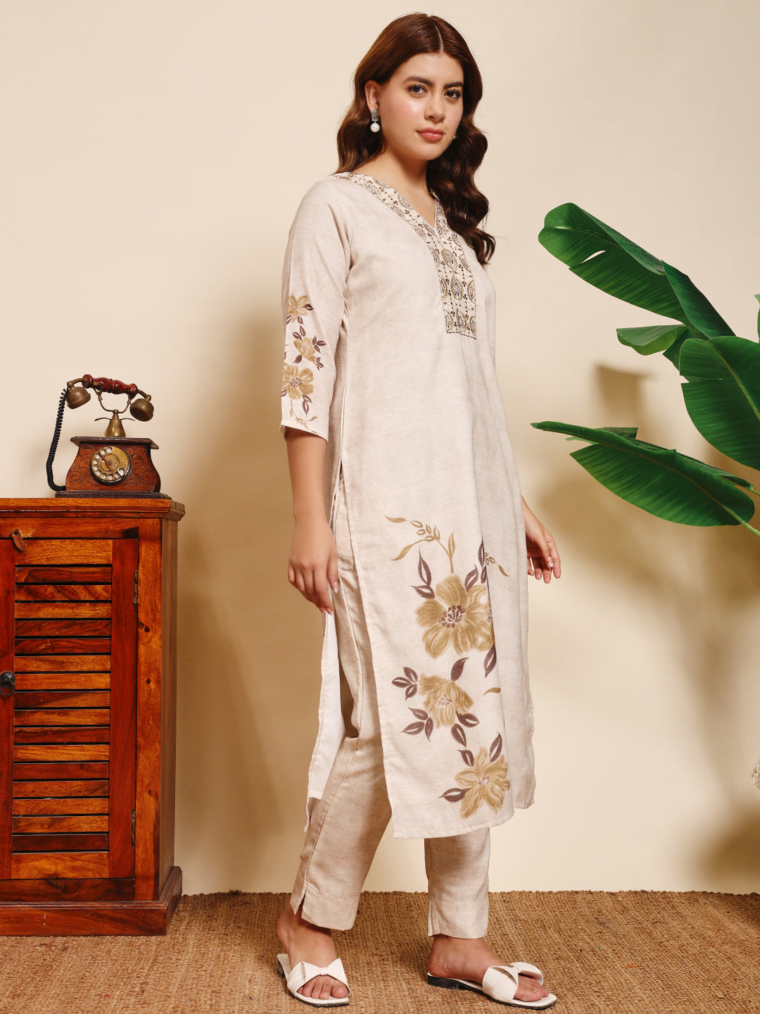 Sthula's Women’s Beige Floral Kurta Set with Brown Dupatta