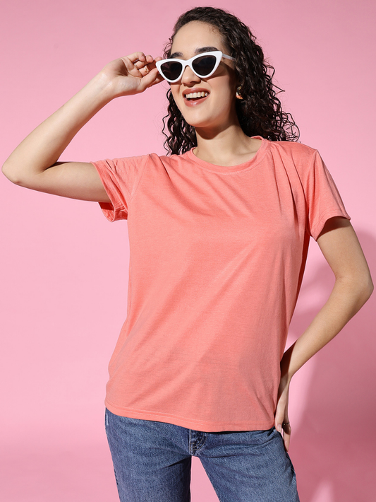 Sthula's Women Peach Cotton T-Shirt