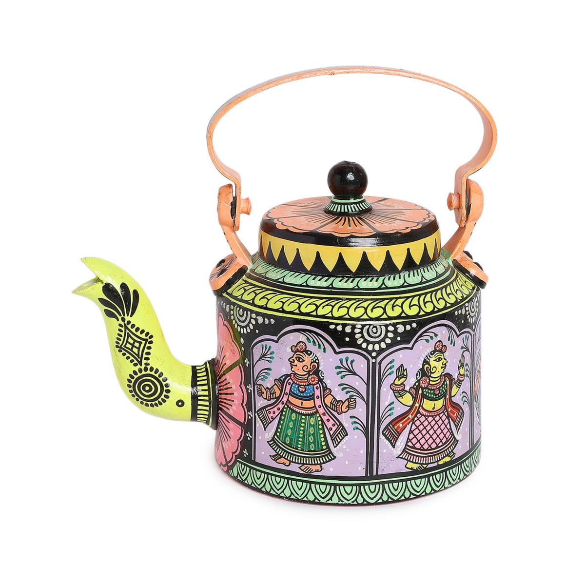 Sthula's Traditional Hand-Painted Metal Tea Kettle Decorative Showpiece – Colorful Indian Art