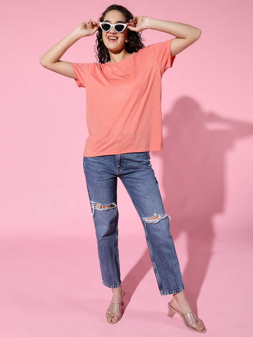 Sthula's Women Peach Cotton T-Shirt