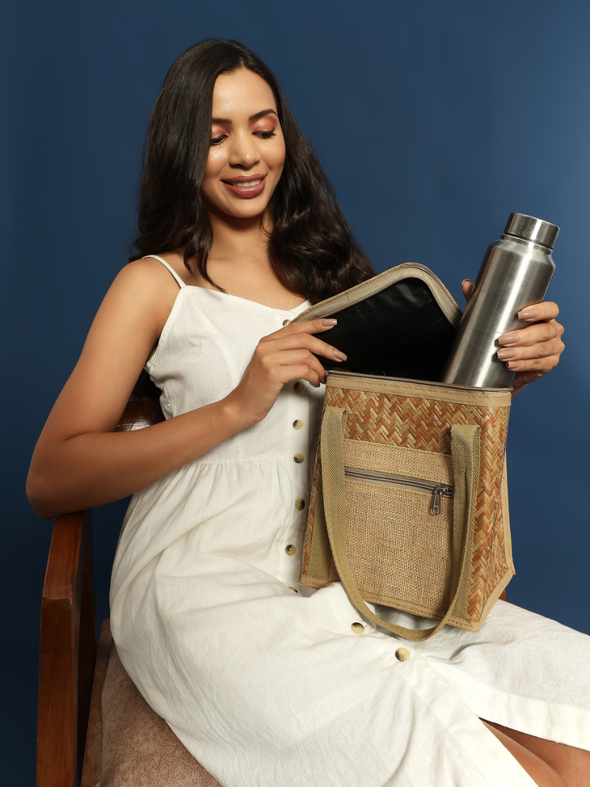 Sthula's Handcrafted Jute Lunch Bag with Zipper Pocket
