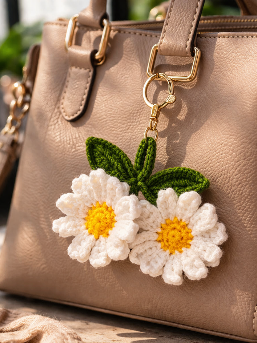 Sthula's Handmade White Daisy Wool Keychain