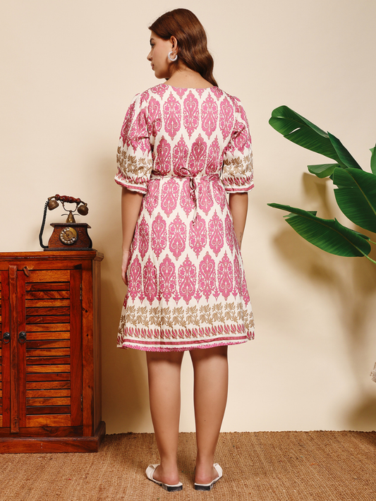 Sthulas's Pink Cotton Printed Dress