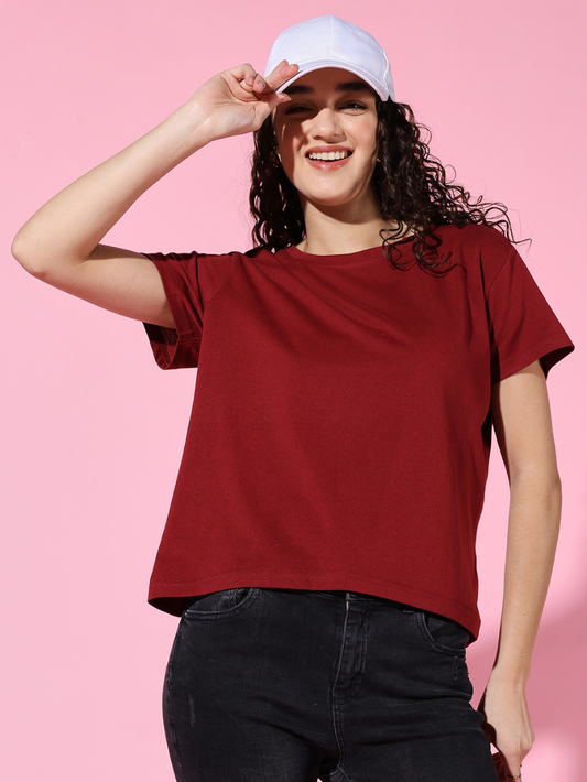 Sthula's Women Maroon Cotton T-Shirt