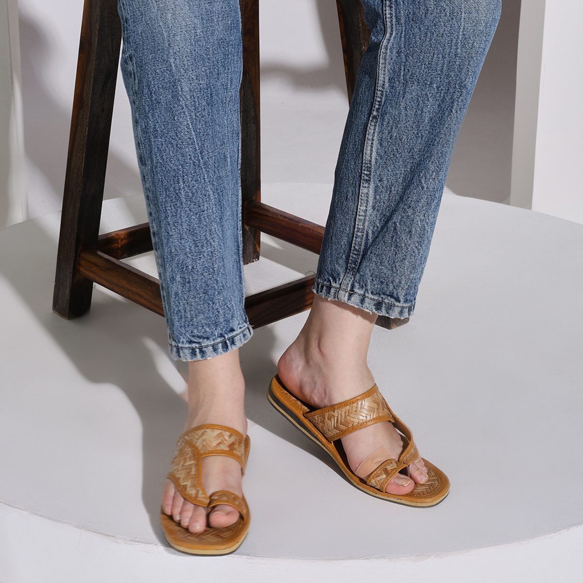 Sthula's Women’s Woven Cutout Flat Sandals – Tan, Synthetic