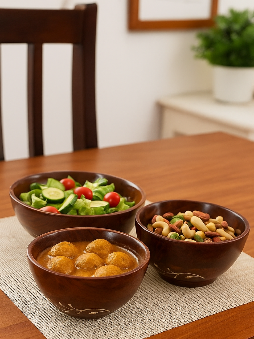 Sthula's Handcrafted Brown Wooden Serving Bowl Set