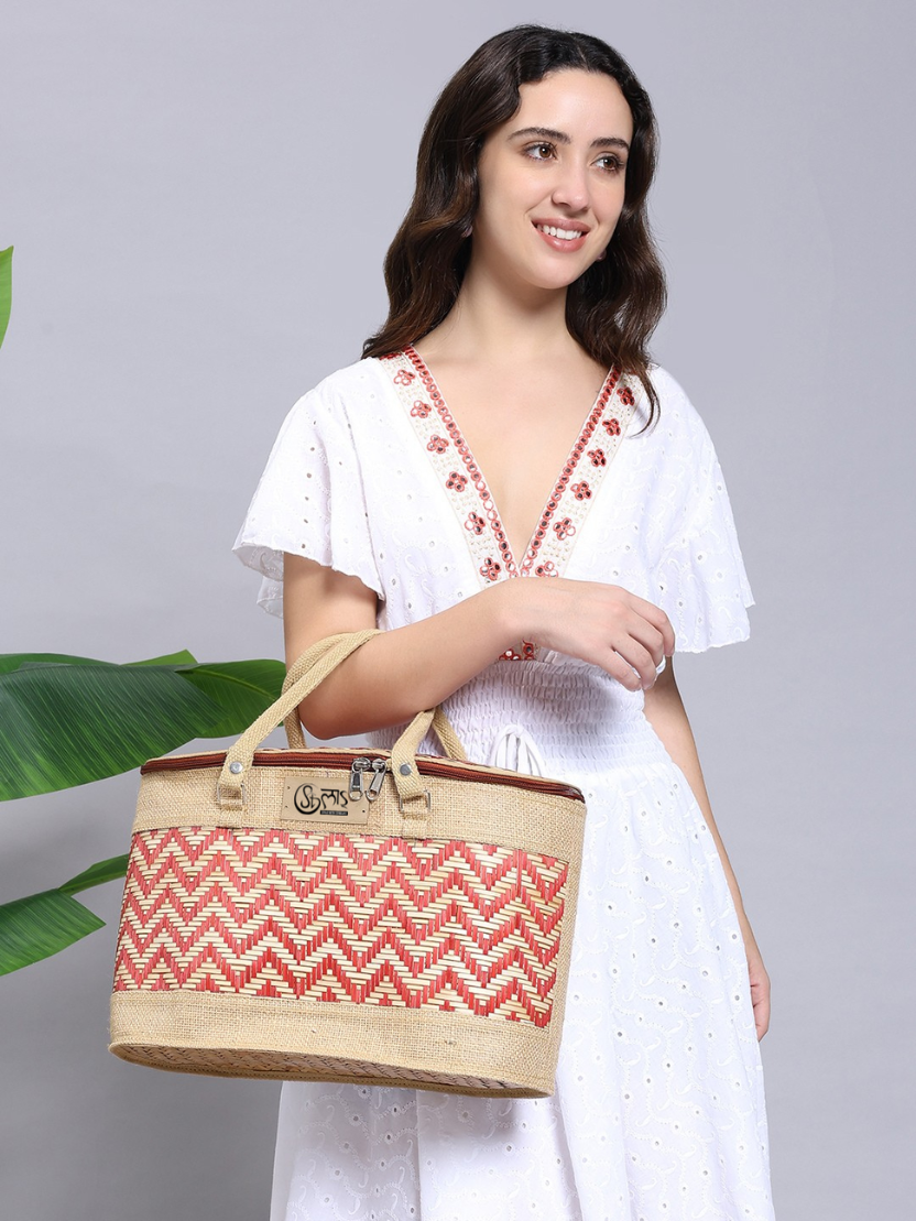 Sthula's Handwoven Bamboo Women’s Red Tote Bag