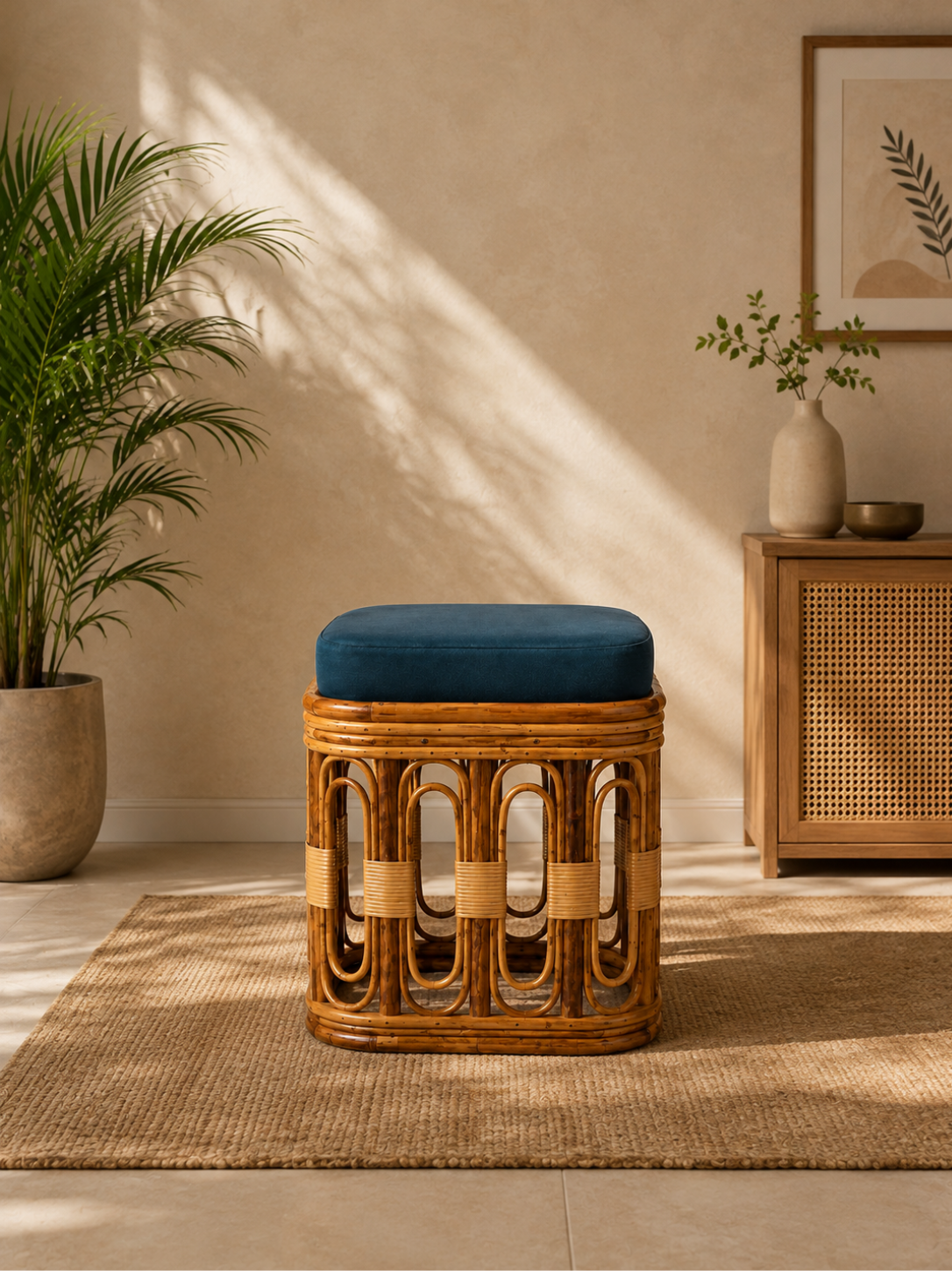 Sthula's Handcrafted Bamboo & Cane Accent Stool – Brown