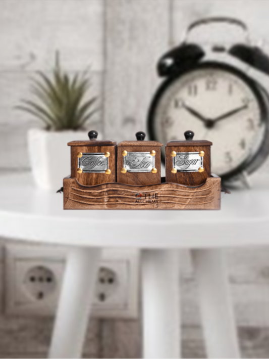 Sthulas's Handcrafted Brown Wooden Sugar Tea Coffee Jar Set with Tray