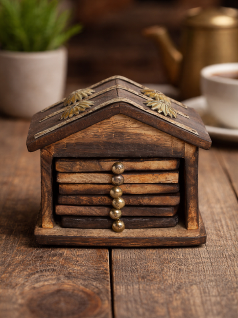 Sthula's Handcrafted Brown Wooden Coaster Set with House Holder