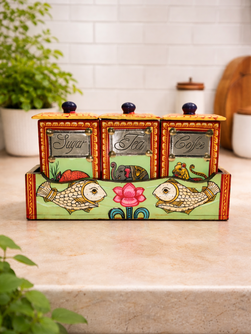 Sthula's Handcrafted Multicolor Wooden Sugar Tea Coffee Jar Set with Tray