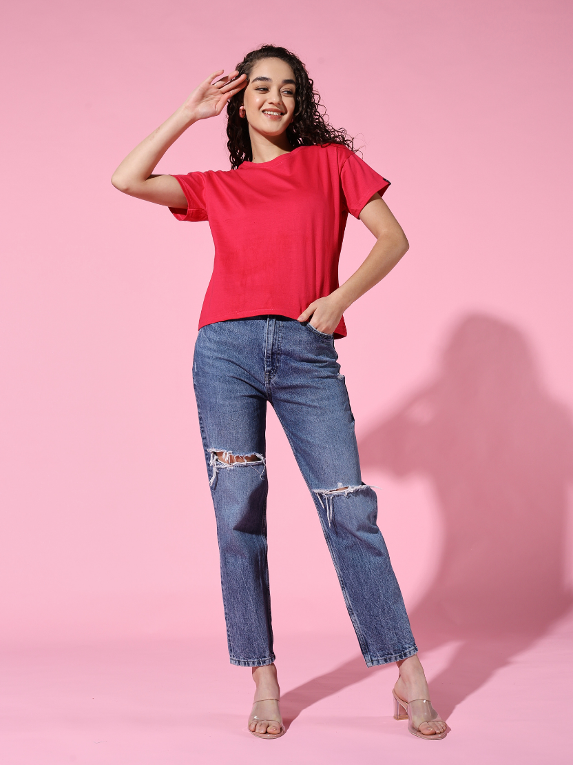 Sthula's Women Pink Cotton T-Shirt