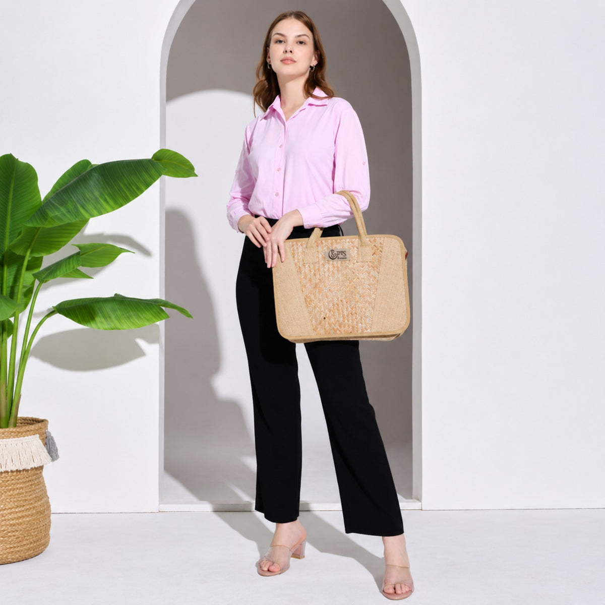Sthula's Handcrafted Woven Laptop Bag – Natural Beige Office & Work Bag