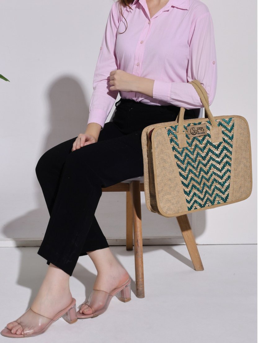 Sthula's Handcrafted Green Jute Laptop Bag