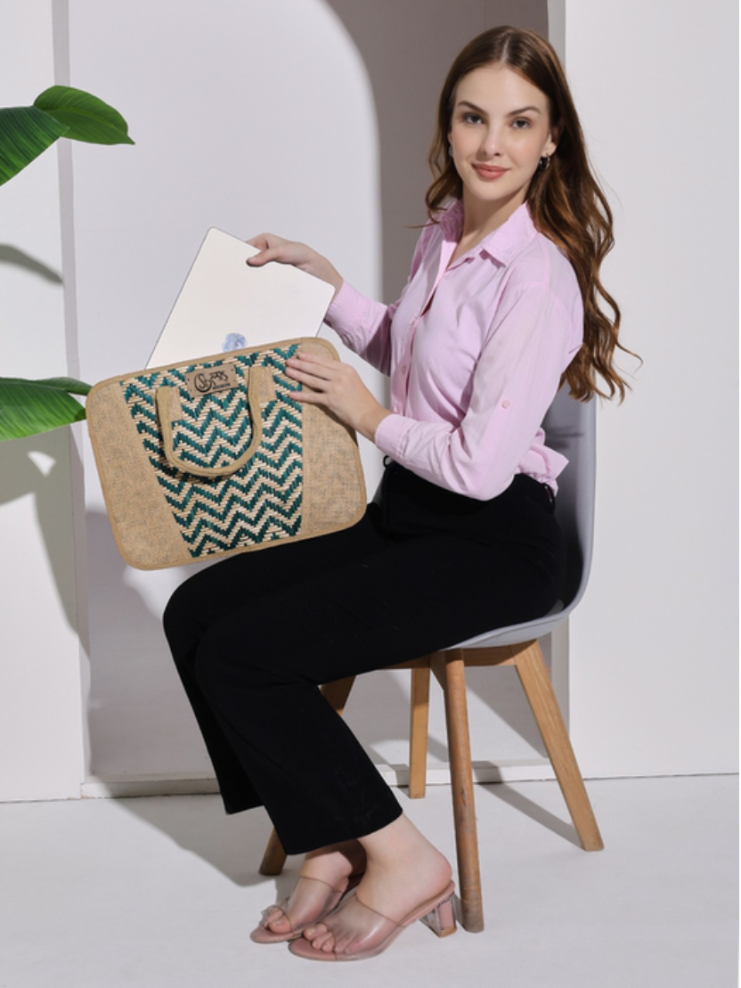 Sthula's Handcrafted Green Jute Laptop Bag