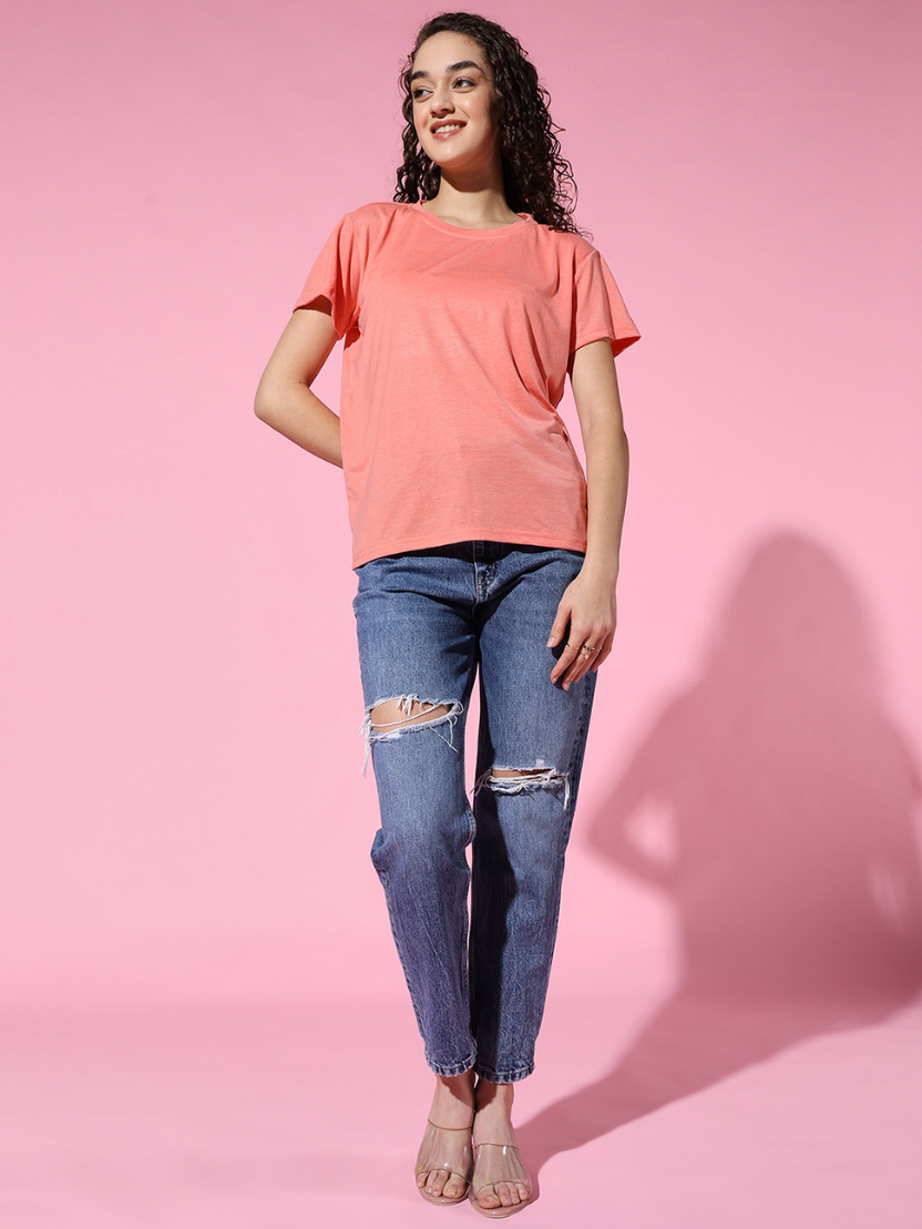Sthula's Women Peach Cotton T-Shirt