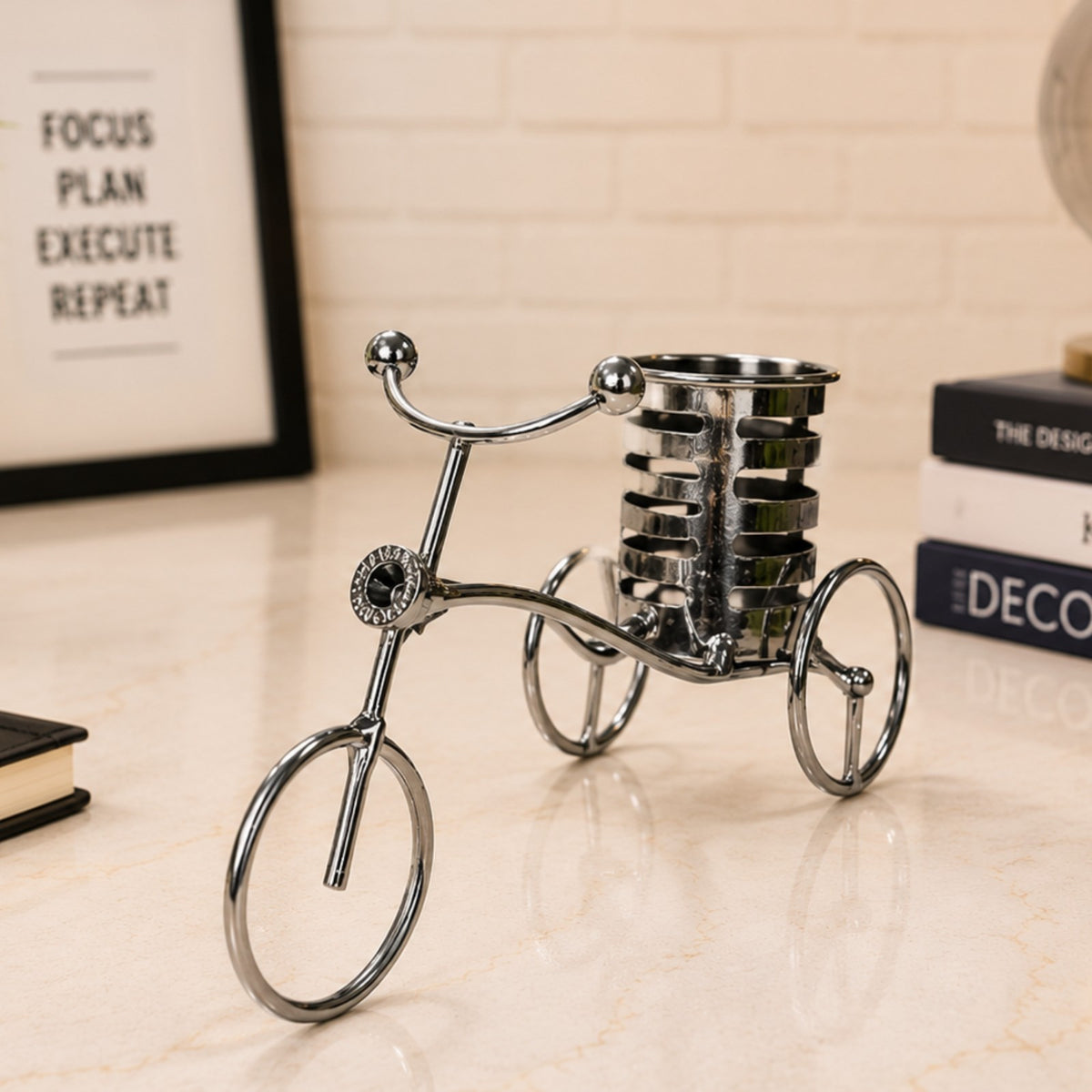 Sthula's Bicycle Pen Stand Decorative Showpiece – Silver Metal Cycle Desk Organizer