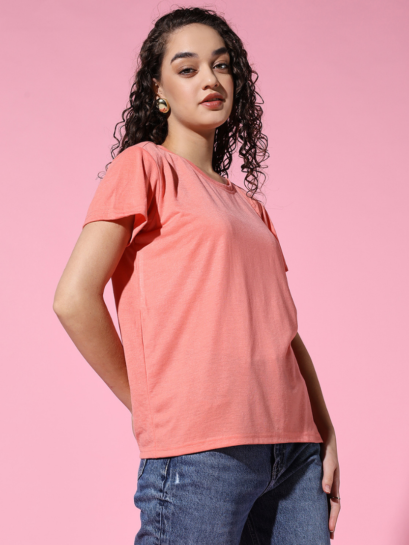 Sthula's Women Peach Cotton T-Shirt