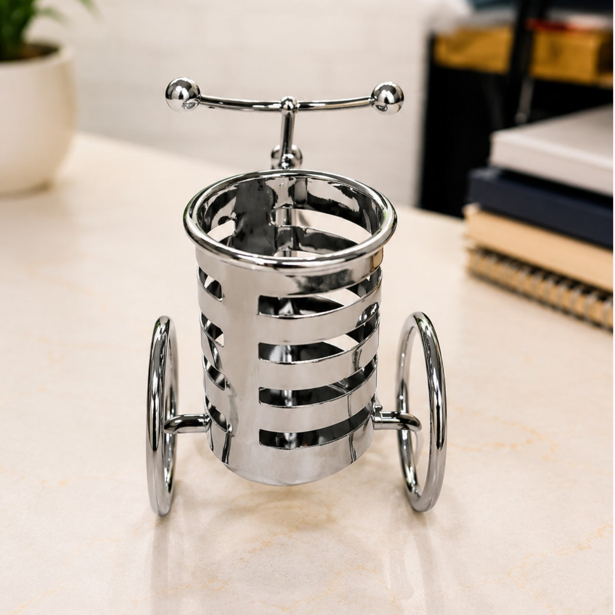 Sthula's Bicycle Pen Stand Decorative Showpiece – Silver Metal Cycle Desk Organizer