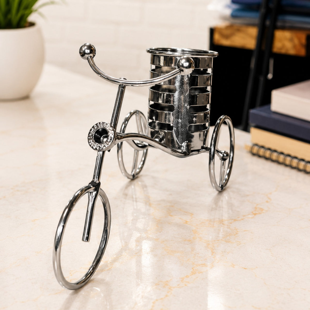 Sthula's Bicycle Pen Stand Decorative Showpiece – Silver Metal Cycle Desk Organizer