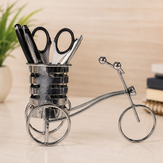 Sthula's Bicycle Pen Stand Decorative Showpiece – Silver Metal Cycle Desk Organizer